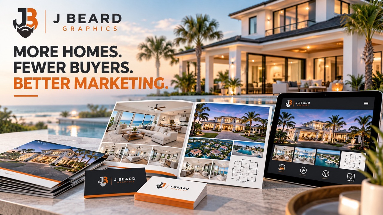 J Beard Graphics real estate photography and marketing materials showcasing professional property photography, listing brochures, and digital media for competitive home sales in 2026.
