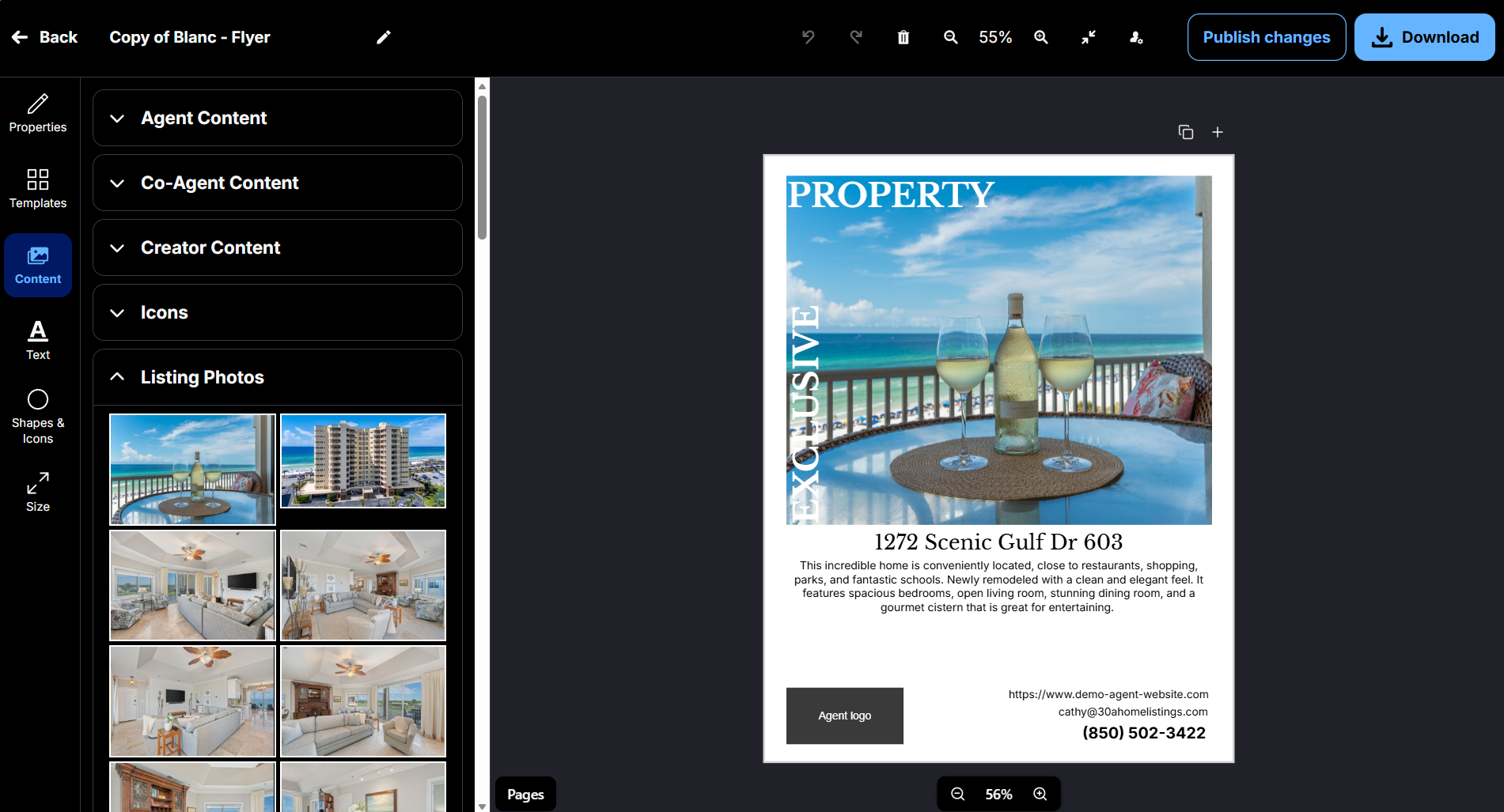 Marketing editor with a Flyer template and the property's listing photos ready to select and add to the design.