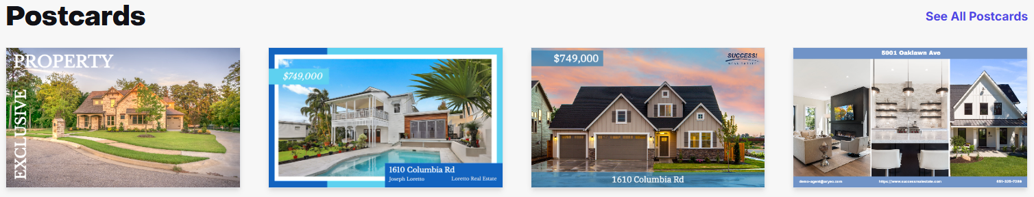 Marketing Materials window showing featured Postcard templates