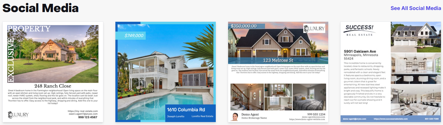 Marketing Materials window showing featured Social Media templates