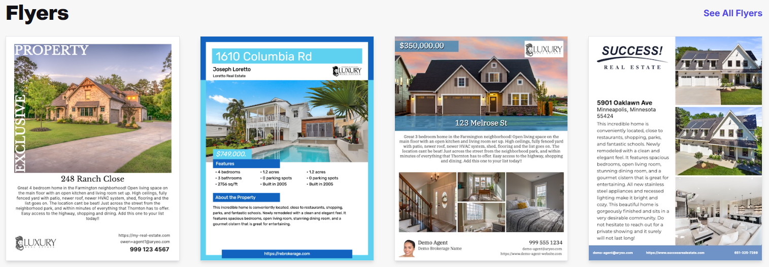 Marketing Materials window showing featured Flyer templates