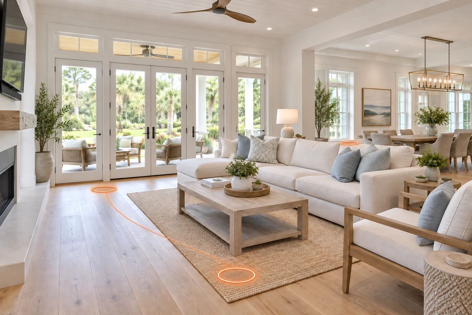 Concept illustration of a bright coastal living room with orange virtual-tour navigation rings
